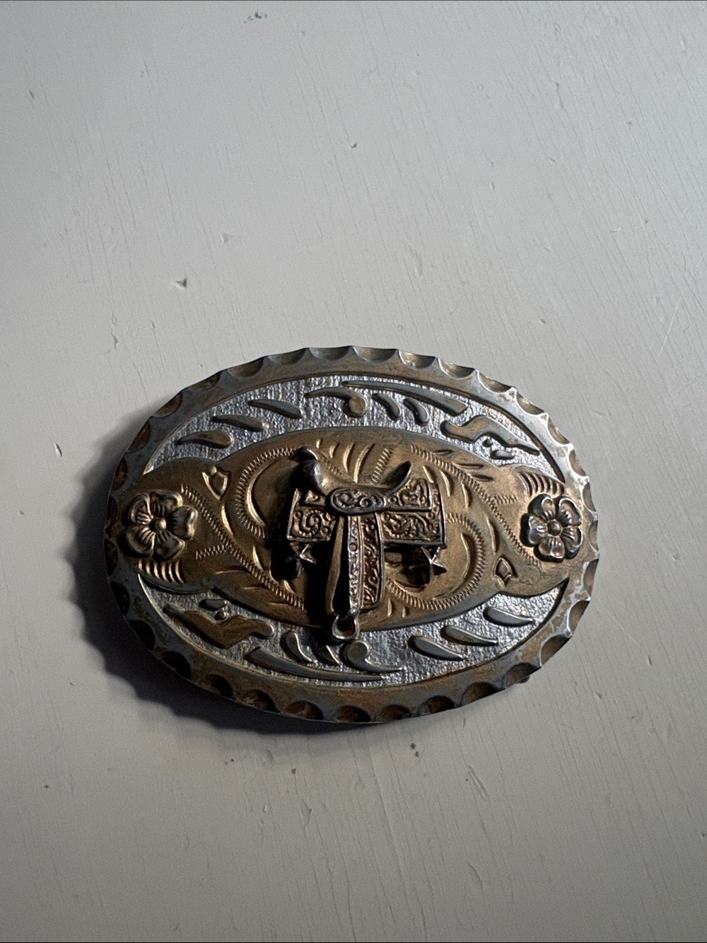 Vintage Western Saddle Belt Buckle - Two-Tone Silver & Gold